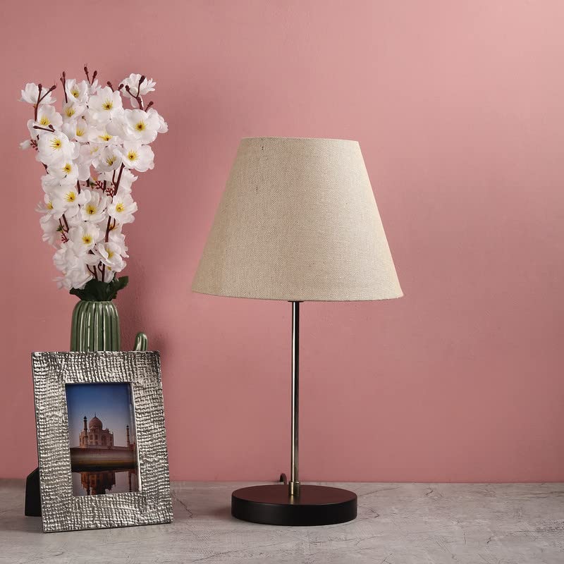 Image of Silver Table Lamp with Handmade Conical Premium Jute Shade, Minimalist Design, for Couple Dinner /Coffee Table /Restaurant /Bedroom, On /Off Switch Long Wire