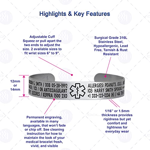 Medical Alert Id Bracelet Cuff 12Mm Wide, 316L Stainless Steel - Customize And Personalize 6 Lines With Your Conditions #TOP3