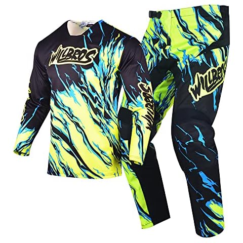 Willbros Motocross Jersey Hose Kombination Männer Frauen MX Reitausrüstung Motorrad Off-road Rennbekleidung Dreckiges Fahrrad Reiten Rennen BMX ATV Limettenblau (Jersey XL Hose 36) Cover