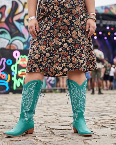 Image of Uillnoodu Wide Calf Cowboy Boots Women Adjustable Lace Up Knee High Tall Plus Size Cowgirl Boots Western Style Comfortable 2-Inch Heel