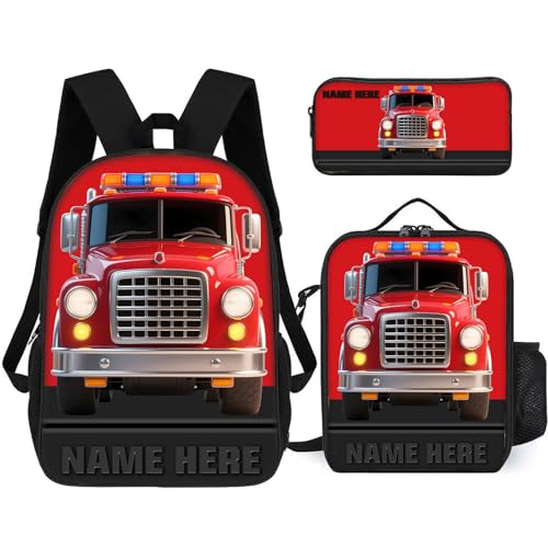Personalized Fire Truck Backpacks Bags Set, Custom Name 3D Effect Fire Truck Bookbag 3 Pcs, Lightweight Daypack Bag Durable Shoulder Backpack for Camping Hiking Travel (Fire Truck 1)