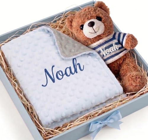 Image of Personalized Baby Blanket with Bear Set for Baby Boy Gift | Custom Baby Blanket with Name, Custom Blankets & Teddy Bear Gift Set for Birthday, Flannel Dot Swaddle for Baby Shower Gifts