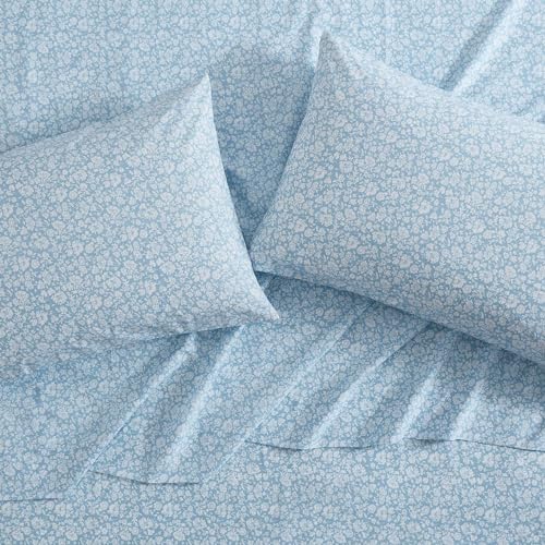 Image of Laura Ashley - Queen Size Sheet Set, Crisp & Lightweight Cotton Percale Bedding with Fitted Sheet and Pillowcases, Floral Room Decor, Deep Pocket, College Dorm Room Essentials (Heirloom Ditzy Blue)
