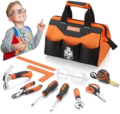 REXBETI 10-Piece Kids Tool Set with Real Hand Tools, Orange Durab...