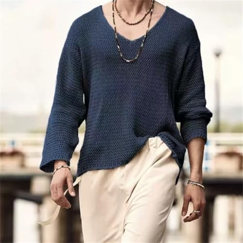 Men's V-Neck Textured Pullover Sweater - Stretchy Casual Knit Sweater for All Seasons & Body Types2
