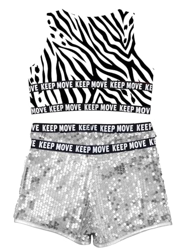 Mufeng Kids Girls Jazz Hiphop Dancewear Gymnastics Tracksuit Crop Tank Top Sequins Shorts Set4