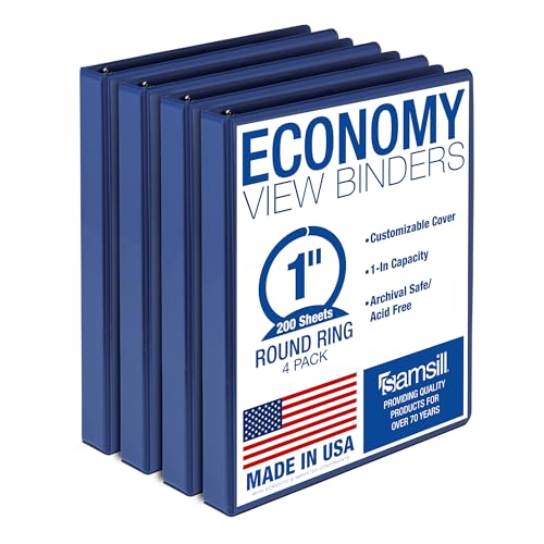 Samsill 1 Inch 3 Ring Binders, Economy Round Ring, Clear View Cover, 200 Sheet Capacity - for School, Home, Office - Blue, 4 Pack