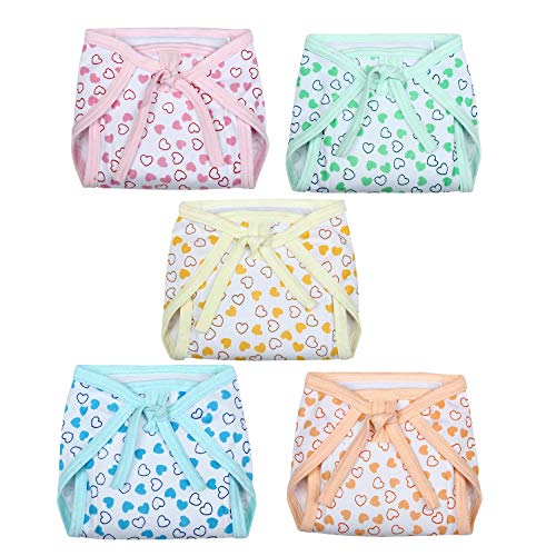 Image of Printed Cotton Hosiery Washable & Reusable Adjustable Cloth Diaper With Insert Cushioned Padded Nappy Tying Langot For Babies- Pack of 5 (Medium, Multicolor)