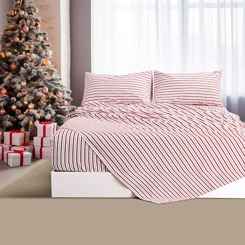 Image of Burgundy Red Striped Sheets Set Queen Size 4 Piece - Super Soft, Easy Care & Breathable Red and White Pinstripe Bed Sheet Set with 16-Inch Deep Pockets, Great Gift for Christmas & Birthday