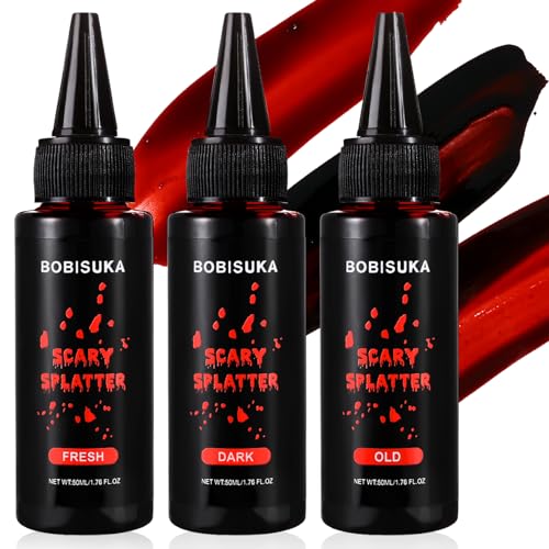 BOBISUKA Halloween Sangre Falsa Pack de 3, Sangre Falsa Líquida, Realista, Lavable, Segura, Profesional para Espectáculos, Películas, Bromas, Disfraces de Zombies y Vampiros