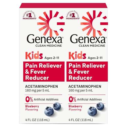 Image of Genexa Children's Clean Acetaminophen | Pediatrician Preferred Ingredients | Pain & Fever Reducer for Kids | Dye Free, 0% Artificial Additives | Ages 2-11, Delicious Organic Blueberry Liquid, 4 fl oz