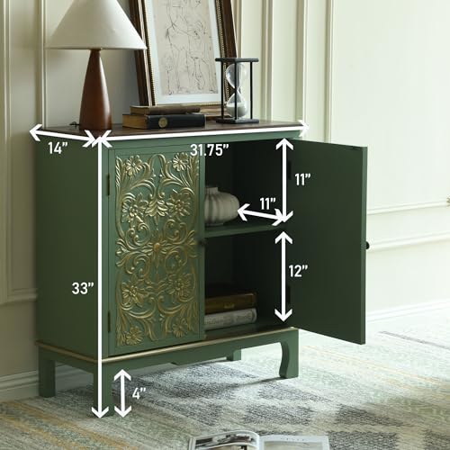 Vintage-Green-Sideboard-Wood-Accent-Cabinet-with-Door-Handcrafted-Storage-Cabinet-with-Accents-Gold-Antique-Green-Credenza-for-Kitchen-Hallway-Entryway-Living-Room-Sage-Green Vintage Green Sideboard Wood Accent Cabinet with Door Handcrafted Storage Cabinet with Accents Gold Antique Green Credenza for Kitchen Hallway Entryway Living Room Sage Green