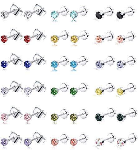 Tornito 20G 18 Pairs Stainless Steel Multicolor CZ Stud Earrings Set Piercing Cartilage Helix Earrings Set Screwback for Women 3MM-5MM