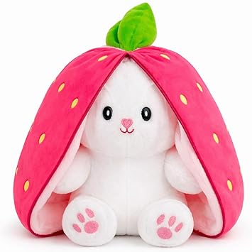 Reversible Bunny Rabbit Soft Toy - 30cm with Strawberry Cover | Stuffed Animal Plushie Doll for Kids Baby Girls Boys for Birthday, Valentine, Return Gift | Pink&White Toy with Chain