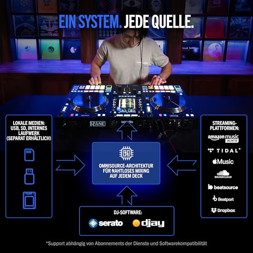 RANE SYSTEM ONE All-in-One Standalone DJ Controller mit Motorplatters und Engine DJ OS, nahtloses Mixen auf 2 Decks, Stems FX, Serato DJ Pro, XLR-Ausgänge