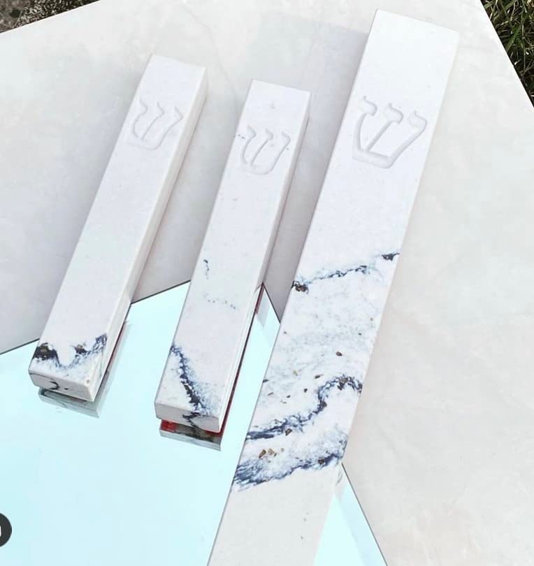 A&S Mezuzot Quartz Mezuzah Case with Engraved Shin Design Easy Peel and Stick Judaica Door Mezuza (White/Blue Veins, 8 Inches)