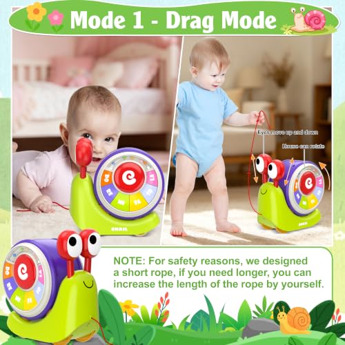 Ciesa 3 in 1 Musical Toddler Toys for 1-3 Year Old, Pull Along Snail Toy with Baby Piano and Light Up Drum Set, Early Learning Developmental Toys, Sensory Baby Toys and Birthday Gifts for Toddlers - image 2