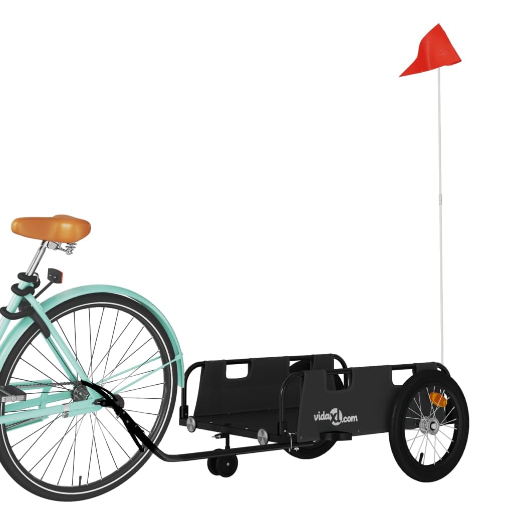 Przyczepa rowerowa czarna z tkaniny Oxford i żelaza malowanego proszkowo, 124 x 64,5 x 36 cm, z dużą kabiną, reflektory, flaga, składana, do transportu, zakupów, psów, dzieci, wycieczek