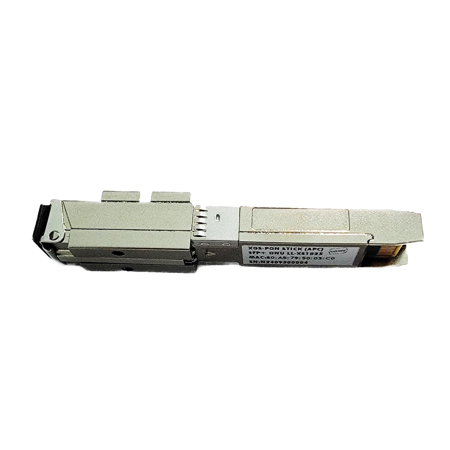 Close-up of the SFP+ ONU Stick label with serial number