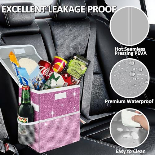 Image of Cute Mini Car Trash Bag with Lid, Glitter Garbage Can Bin Hanging for Back /Front Seat /Console, Waterproof, Leakproof, 2.5 Gallon, Purple Bling Sparkly