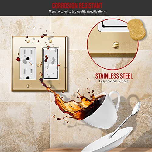 Enerlites Decorator Switch Or Receptacle Outlet Metal Wall Plate, Stainless Steel Corrosion Resistant, Size 2-Gang 4.50" X 4.57", Stainless Steel 201, 7732-Pb, Polished Brass, Gold #TOP2