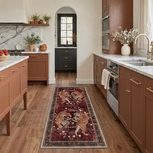 Bavni 2'6''x10' Tiger Washable Runner Rug Non Slip Hallway Kitchen Bathroom