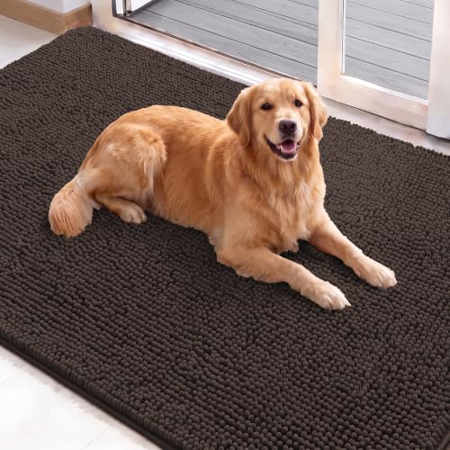 Image of H.VERSAILTEX Dog Door Mat Absorbent Dirt Trapper Non Slip Quick Dry Washable Chenille Pet Bed Mat for Mud Dogs Indoor and Outdoor(Chocolate, 30 inch x 48 inch)
