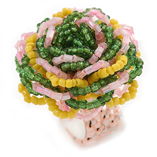 Bague élastique fleur perles en verre D/35 mm jaune rose vert idée cadeau original femme