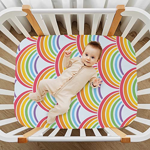 Image of Fitted Crib Sheets Colorful Rainbow Stretchy Portable Playard Sheets for Baby Toddler, Breathable Soft Mini Crib Mattress 39 x 27 in for Boys and Girls