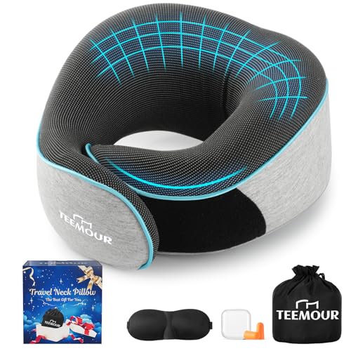 Nackenkissen Flugzeug Memory Foam Flugkissen mit 360 Unterstützung MInklusive Aufbewahrungstasche, Augenmaske, Ohrstopfer, Verstellbares Reisekissen...