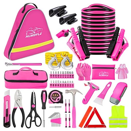 HLWDFLZ Car Roadside Emergency Kit - Pink Roadside Assistance Emergency Kit with Jumper Cables, Auto Tool Set, Deer Whistles, Winter Car Safety Roadside Assist Kit for Teen Girl and Ladies