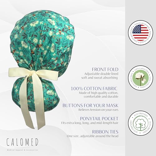 Image of Scrub Cap for Women and Men, Ponytail Scrub Caps, Working Hat, Head Cover with Ribbon Ties and Buttons, Long Hair