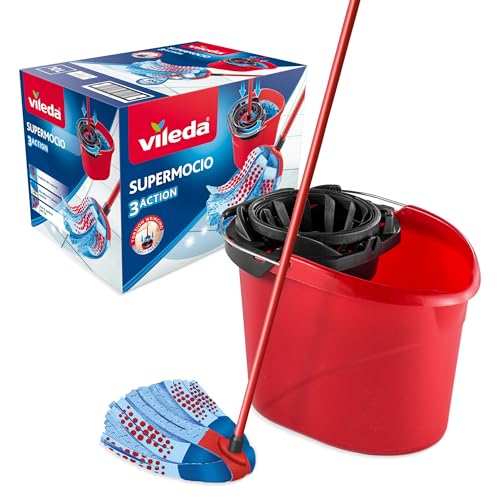 Vileda - SuperMocio Set Complet Seau essoreur + Balai à franges avec tête 3D Super mocio 3Action