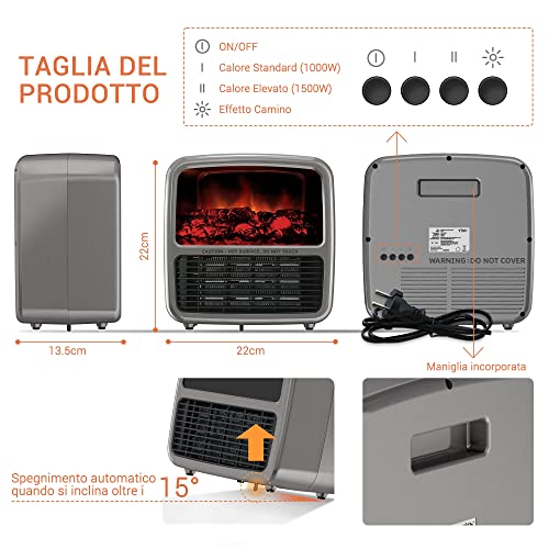 Camino Termoventilatore Ceramica Portatile Stufa: YISH Stufa Elettrica Ceramico a Basso Consumo, 1500W Mini Silenzioso Stufetta, Compatto, Protezione da Surriscaldamento e Ribaltamento PTC Fan Heater