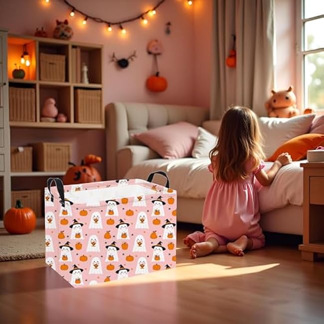 Rectangular Halloween Basket Storage Basket Waterproof Storage Bin for Bedroom Collapsible Bin Books Box Room Decor(Pink Ghost)