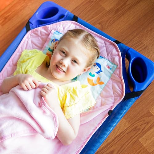 Image of Wildkin Modern Kids Nap Mat with Pillow for Girls - Soft & Cozy Cotton Blend, Elastic Straps, Toddler Sleep Mat for Daycare, Preschool, Kindergarten & Travel, Ages 3-7, Machine Washable - Mermaids