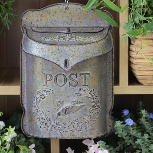 Image of Wall Mount Mailbox for Outside Vintage Mail Boxes for House Outside Metal Door Mailbox Drop Box Antique Style Nostalgic Charm Home Decorative, Bird Pattern, Gray