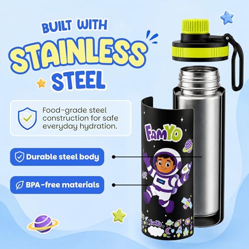Image of Famyo Stainless Steel Kids Water Bottle 900ml, Leo Astronaut Design | Leakproof Sipper with Carry Loop, BPA Free, Personalizable Name Space, School, Outdoor & Travel, Girls & Boys Ages 4-15