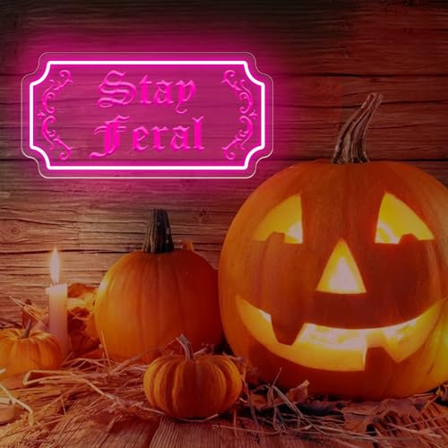 Image of Stay Feral Neon Sign Gothic Decor LED Light Goth Lover Gift | USB Powered Dimmable Halloween Decoration Bat Neon Sign Decor Ghost Spooky Wall Art 15.7 inchx7.9 inch Pink