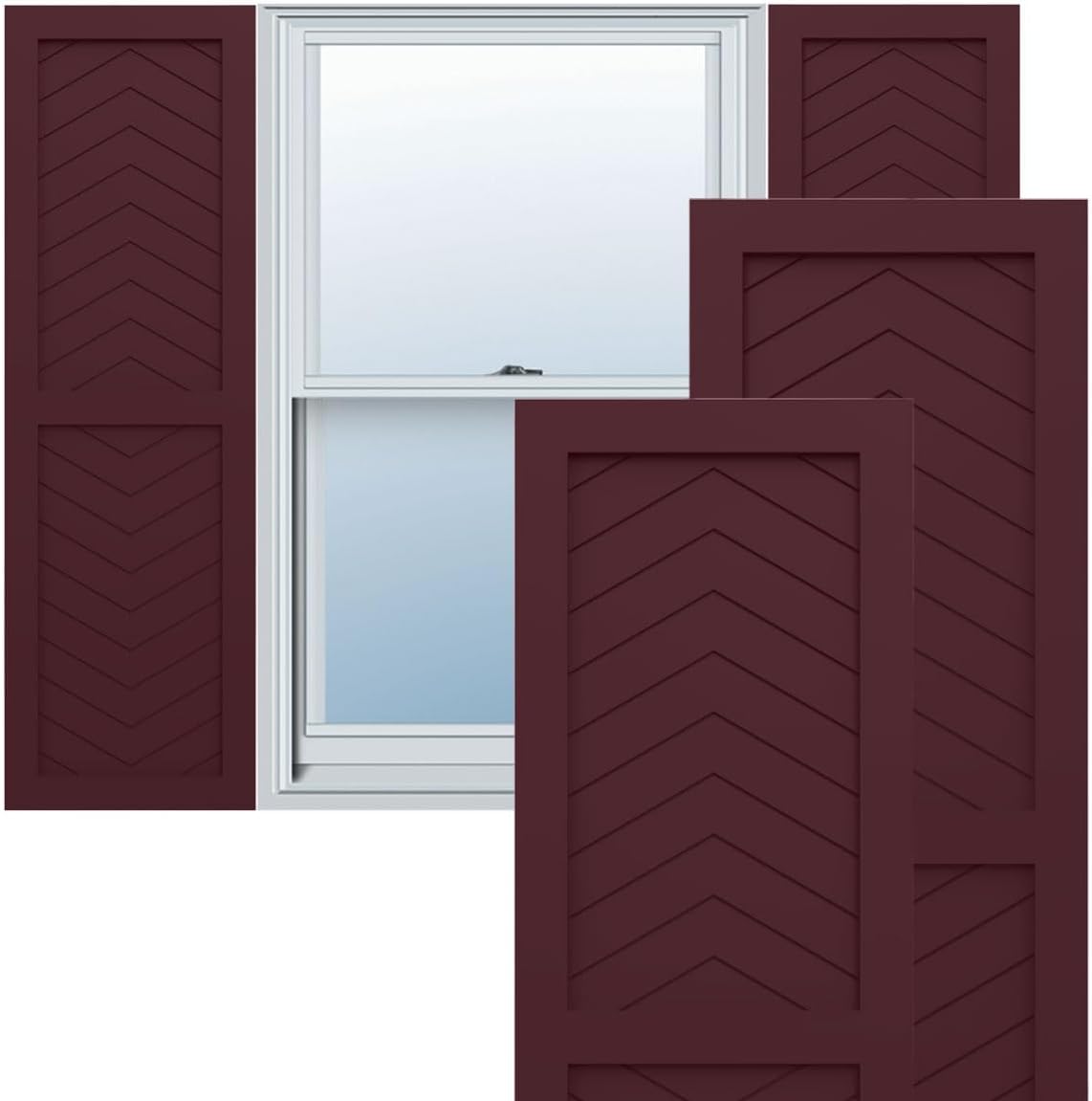 15"W x 26"H True Fit PVC Two Panel Chevron Modern Style Fixed Mount Shutters, Wine Red (Per Pair - Hardware Not Included)