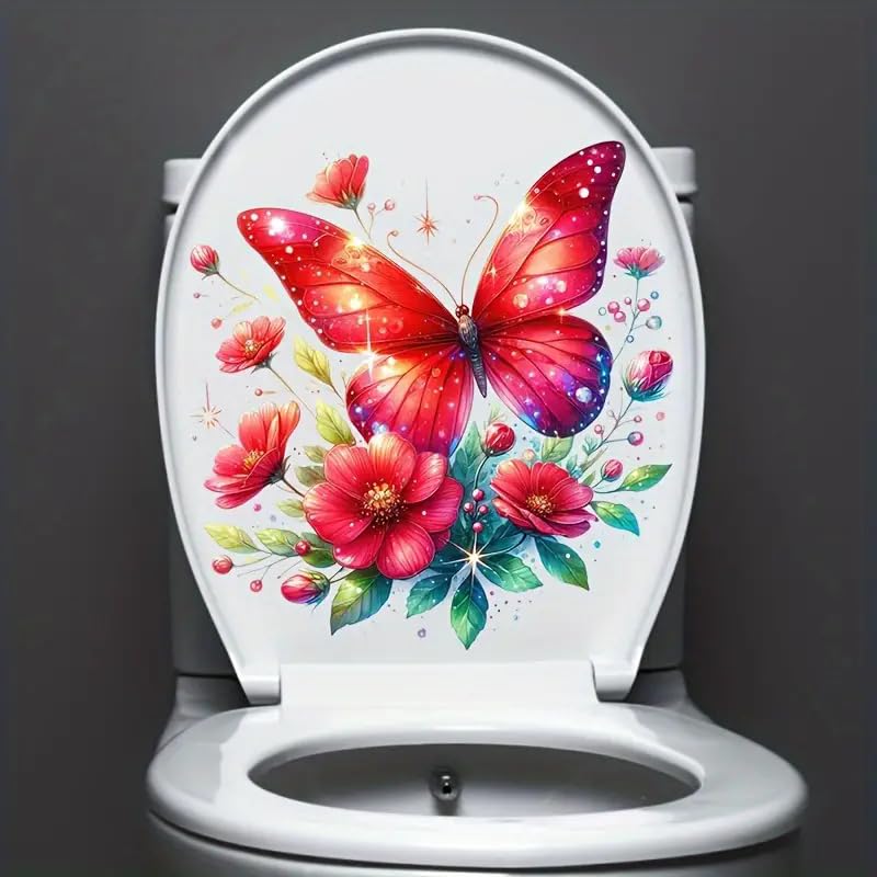 Butterfly Rose Flower Leaf Toilet Cover Sticker Decals Waterproof Toilet Lid Tank Seat Decals Cistern Self-Adhesive Bathroom Wall Sticker