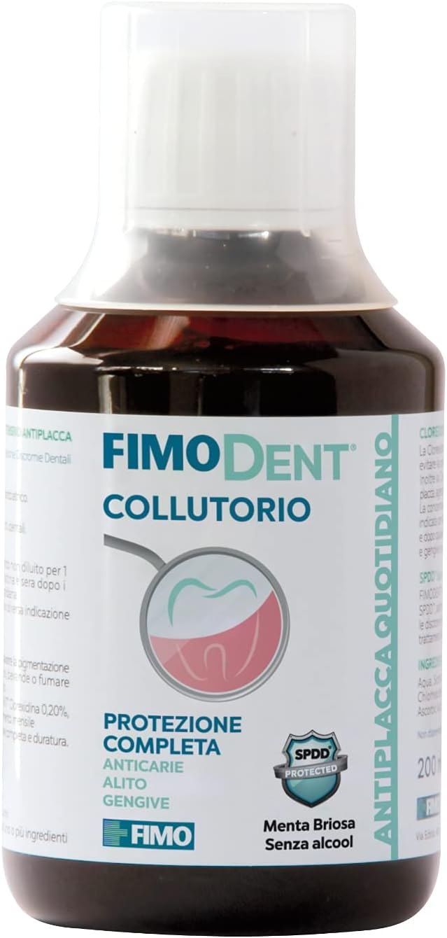Fimodent Enjuague bucal antiplaca diario – Clorhexidina 0,05% y flúor – Prevención completa antiplaca, encías y aliento – Aroma menta Briosa – 200 ml