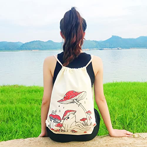 Mositu Mushroom Drawstring Backpack Cute Mushroom Frog Backpack Aesthetic Canvas Bag Gym Drawstring Bag Sports String Bag Cotton Sack Bag Beach Travel Sackpack For Women… #TOP6