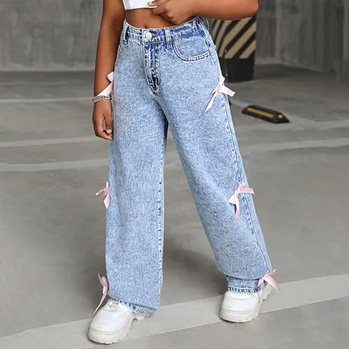 Girl's Bowknot Elastic Waist Denim Pants Straight Wide Leg Jeans with Pockets for 1-10 Years2