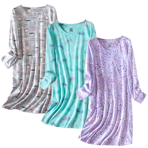 Inadays 3 Pack Women's Cotton Nightgown Sleepwear Long Sleeves Nightshirt Fun Print Sleepdress Loose Comfy Sleepshirts