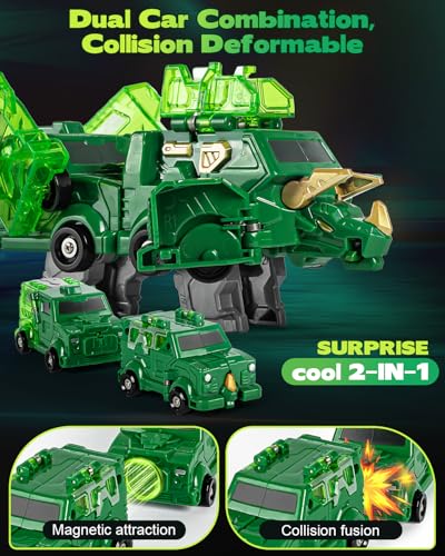 Image of Yivsen Collision Transforming Dinosaur Car Toy, 2 Crash & Transform Magnetic Cars Transform into Dinosaur Toys, Dino Robot Toy for Kids, Ideal Birthday Party Gift Toys for Kids Boys Girls, Green