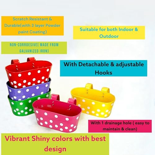 Image of 12 INCH Anti Rust Railing Oval Planter for Balcony & Garden with Detachable Handle | Hanging Flowerpot Holder | Metal Wall Planter for Indoor and Outdoor Decor (Multicolour Polka Dot, 4)