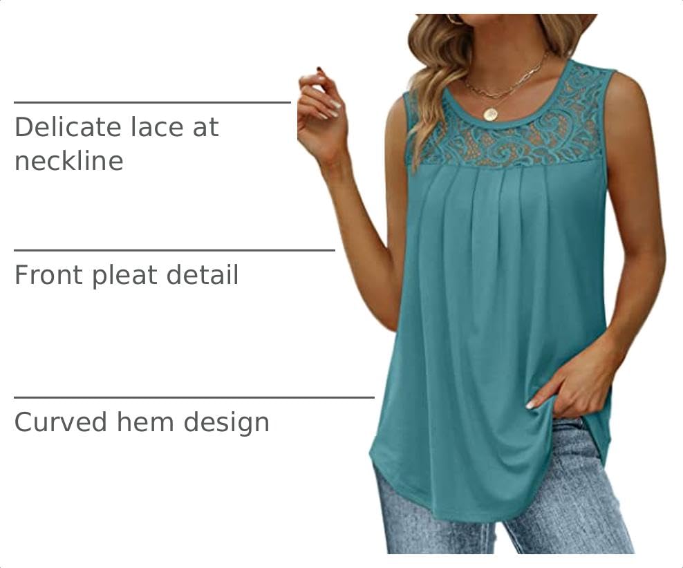 Image of Saloogoe Summer Tank Tops for Women Loose Fit Pleated Tunics Scoop Neck Sleeveless Lace Tops Curved Hem Flowy