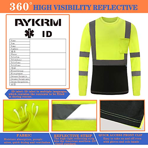 AYKRM Safety T Shirt Reflective High Visibility hi vis Long Sleeve T Shirt (Yellow, M)