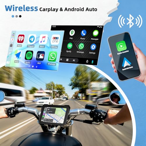 Image of GPS CarPlay 5 inch IPS Motorcycle CarPlay Screen for Motorcycle with A-pple Wireless CarPlay & Android Auto, IP68 Waterproof, Supports Bluetooth,Navigation,S-IRI /G-oogle Assistant,Vioce Control, Bracket